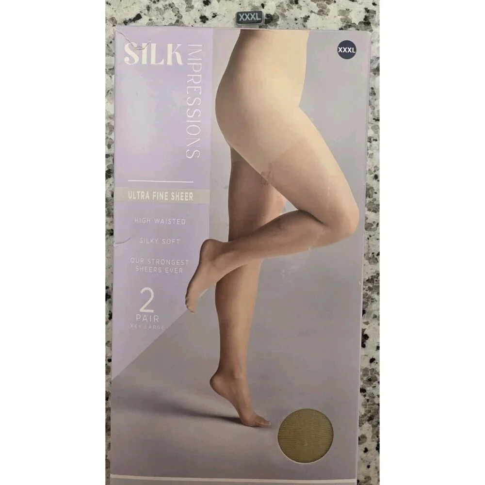 Silk Impressions XXXL 2 Pair 15 Denier Beige Sheer High Waist Pantyhose‎